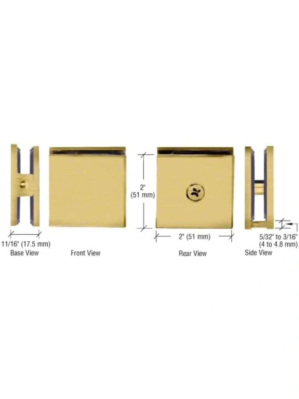 CRL Satin Brass Square Style Hole-in-Glass Fixed Panel U-Clamps
